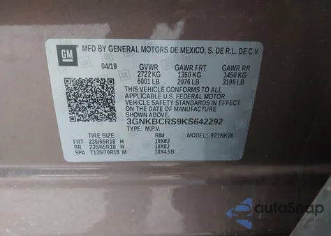 2019 Chevrolet Blazer из США, поврежденный, VIN 3GNKBCRS9KS642292